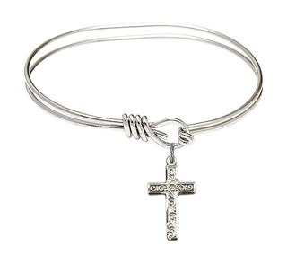 5 3/4 inch Oval Eye Hook Rhodium Bangle Bracelet with a Sterling Silver Cross charm.