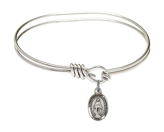 5 3/4 inch Oval Eye Hook Rhodium Bangle Bracelet with a Sterling Silver Miraculous charm.