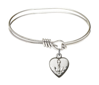 5 3/4 inch Oval Eye Hook Rhodium Bangle Bracelet with a Sterling Silver Heart / Confirmation charm.