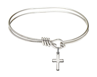 5 3/4 inch Oval Eye Hook Rhodium Bangle Bracelet with a Sterling Silver Cross charm.