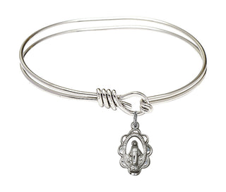 5 3/4 inch Oval Eye Hook Rhodium Bangle Bracelet with a Sterling Silver Miraculous charm.