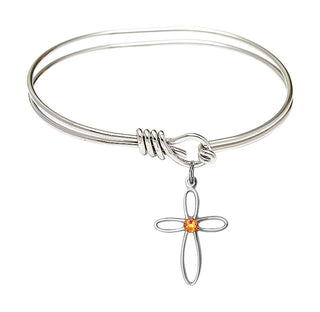 5 3/4 inch Oval Eye Hook Rhodium Bangle Bracelet with a Sterling Silver Loop Cross charm.