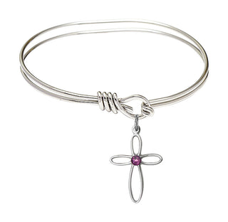 5 3/4 inch Oval Eye Hook Rhodium Bangle Bracelet with a Sterling Silver Loop Cross charm.