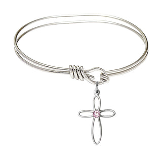 5 3/4 inch Oval Eye Hook Rhodium Bangle Bracelet with a Sterling Silver Loop Cross charm.