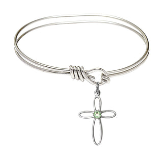 5 3/4 inch Oval Eye Hook Rhodium Bangle Bracelet with a Sterling Silver Loop Cross charm.