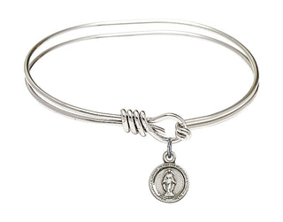5 3/4 inch Oval Eye Hook Rhodium Bangle Bracelet with a Sterling Silver Miraculous charm.