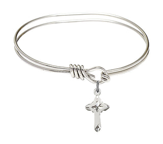 5 3/4 inch Oval Eye Hook Rhodium Bangle Bracelet with a Sterling Silver Cross charm.