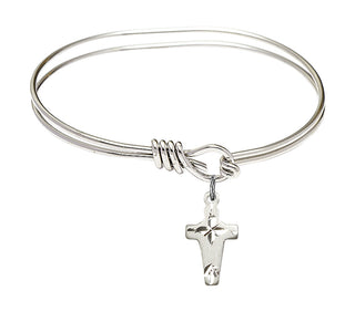 5 3/4 inch Oval Eye Hook Rhodium Bangle Bracelet with a Sterling Silver Cross charm.