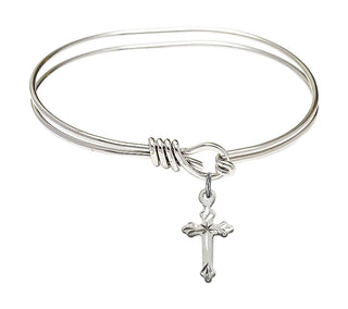 5 3/4 inch Oval Eye Hook Rhodium Bangle Bracelet with a Sterling Silver Cross charm.
