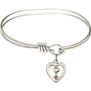 5 3/4 inch Oval Eye Hook Rhodium Bangle Bracelet with a Two-Tone SS/GF Heart / Chalice charm.