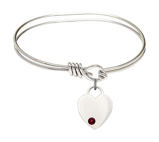 5 3/4 inch Oval Eye Hook Rhodium Bangle Bracelet with a Sterling Silver Heart charm. Engraved Catholic Saint Jewelry