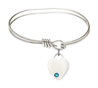 5 3/4 inch Oval Eye Hook Rhodium Bangle Bracelet with a Sterling Silver Heart charm. Engraved Catholic Saint Jewelry