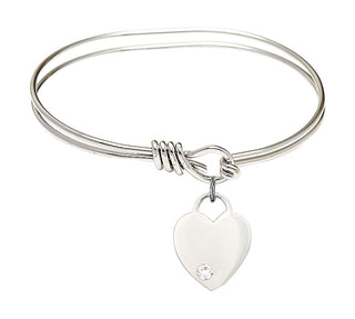 5 3/4 inch Oval Eye Hook Rhodium Bangle Bracelet with a Sterling Silver Heart charm. Engraved Catholic Saint Jewelry