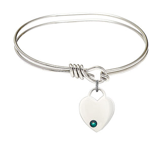 5 3/4 inch Oval Eye Hook Rhodium Bangle Bracelet with a Sterling Silver Heart charm. Engraved Catholic Saint Jewelry