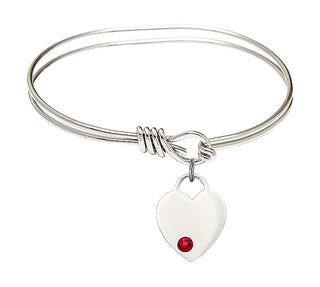5 3/4 inch Oval Eye Hook Rhodium Bangle Bracelet with a Sterling Silver Heart charm. Engraved Catholic Saint Jewelry