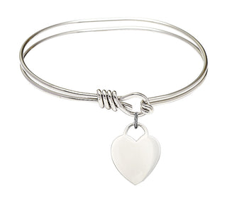 5 3/4 inch Oval Eye Hook Rhodium Bangle Bracelet with a Sterling Silver Heart charm. Engraved Catholic Saint Jewelry