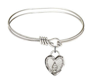 5 3/4 inch Oval Eye Hook Rhodium Bangle Bracelet with a Sterling Silver Miraculous Heart charm. Engraved Catholic Saint Jewelry