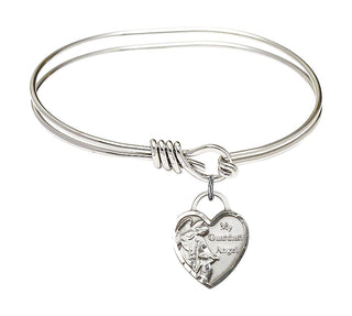 5 3/4 inch Oval Eye Hook Rhodium Bangle Bracelet with a Sterling Silver Guardian Angel Heart charm. Engraved Catholic Saint Jewelry