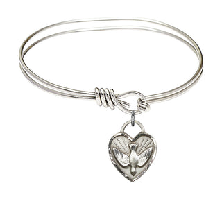 5 3/4 inch Oval Eye Hook Rhodium Bangle Bracelet with a Sterling Silver Confirmation Heart charm. Engraved Catholic Saint Jewelry