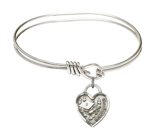 5 3/4 inch Oval Eye Hook Rhodium Bangle Bracelet with a Sterling Silver Graduation Heart charm. Engraved Catholic Saint Jewelry