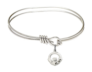 5 3/4 inch Oval Eye Hook Rhodium Bangle Bracelet with a Sterling Silver Claddagh charm.