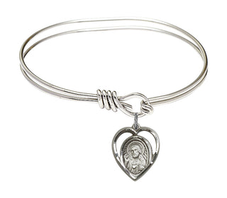 5 3/4 inch Oval Eye Hook Rhodium Bangle Bracelet with a Sterling Silver Scapular charm.