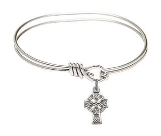 5 3/4 inch Oval Eye Hook Rhodium Bangle Bracelet with a Sterling Silver Celtic Cross charm.