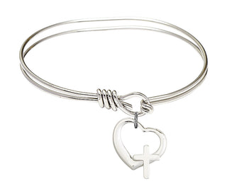 5 3/4 inch Oval Eye Hook Rhodium Bangle Bracelet with a Sterling Silver Heart / Cross charm.