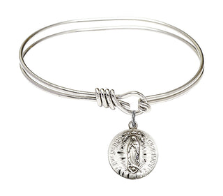 5 3/4 inch Oval Eye Hook Rhodium Bangle Bracelet with a Sterling Silver Our Lady of Guadalupe charm.