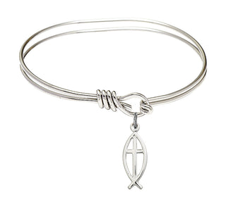 5 3/4 inch Oval Eye Hook Rhodium Bangle Bracelet with a Sterling Silver Fish / Cross charm.