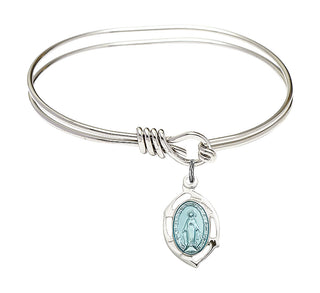 5 3/4 inch Oval Eye Hook Rhodium Bangle Bracelet with a Sterling Silver Miraculous Leaf charm.