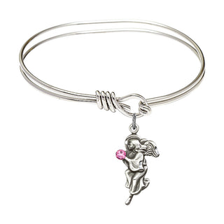 5 3/4 inch Oval Eye Hook Rhodium Bangle Bracelet with a Sterling Silver Guardian Angel charm.