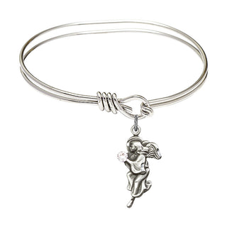 5 3/4 inch Oval Eye Hook Rhodium Bangle Bracelet with a Sterling Silver Guardian Angel charm.