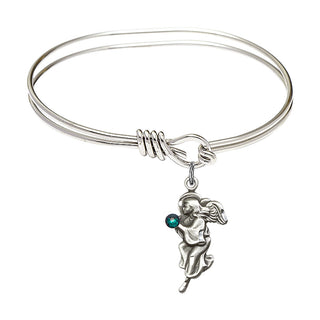 5 3/4 inch Oval Eye Hook Rhodium Bangle Bracelet with a Sterling Silver Guardian Angel charm.