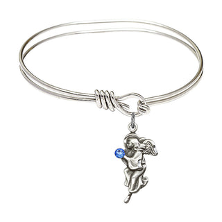 5 3/4 inch Oval Eye Hook Rhodium Bangle Bracelet with a Sterling Silver Guardian Angel charm.