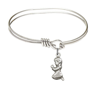 5 3/4 inch Oval Eye Hook Rhodium Bangle Bracelet with a Sterling Silver Praying Girl charm.