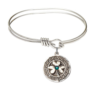 5 3/4 inch Oval Eye Hook Rhodium Bangle Bracelet with a Sterling Silver Shamrock with Celtic Border charm.