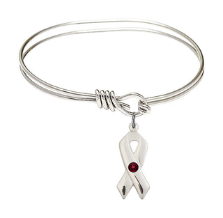 5 3/4 inch Oval Eye Hook Rhodium Bangle Bracelet with a Sterling Silver Cancer Awareness charm.