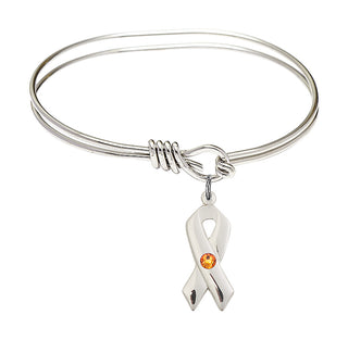 5 3/4 inch Oval Eye Hook Rhodium Bangle Bracelet with a Sterling Silver Cancer Awareness charm.