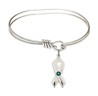 5 3/4 inch Oval Eye Hook Rhodium Bangle Bracelet with a Sterling Silver Cancer Awareness charm.
