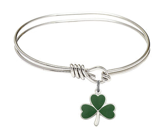 5 3/4 inch Oval Eye Hook Rhodium Bangle Bracelet with a Sterling Silver Shamrock charm.