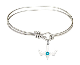 5 3/4 inch Oval Eye Hook Rhodium Bangle Bracelet with a Sterling Silver Holy Spirit charm.