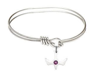 5 3/4 inch Oval Eye Hook Rhodium Bangle Bracelet with a Sterling Silver Holy Spirit charm.