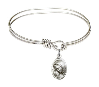5 3/4 inch Oval Eye Hook Rhodium Bangle Bracelet with a Sterling Silver Madonna & Child charm.