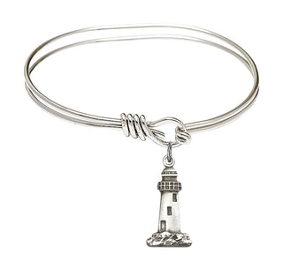 5 3/4 inch Oval Eye Hook Rhodium Bangle Bracelet with a Sterling Silver Lighthouse charm.