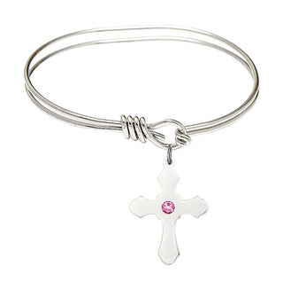 5 3/4 inch Oval Eye Hook Rhodium Bangle Bracelet with a Sterling Silver Cross charm.