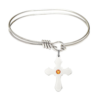 5 3/4 inch Oval Eye Hook Rhodium Bangle Bracelet with a Sterling Silver Cross charm.
