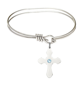 5 3/4 inch Oval Eye Hook Rhodium Bangle Bracelet with a Sterling Silver Cross charm.