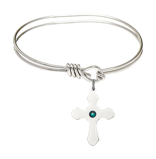 5 3/4 inch Oval Eye Hook Rhodium Bangle Bracelet with a Sterling Silver Cross charm.