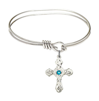 5 3/4 inch Oval Eye Hook Rhodium Bangle Bracelet with a Sterling Silver Cross charm. Engraved Catholic Saint Jewelry